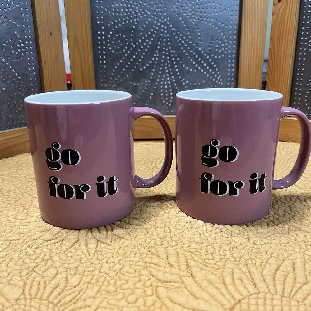 Room Essentials Go For It Mugs Set of 2 Pink Black Stoneware Coffee Tea Gift